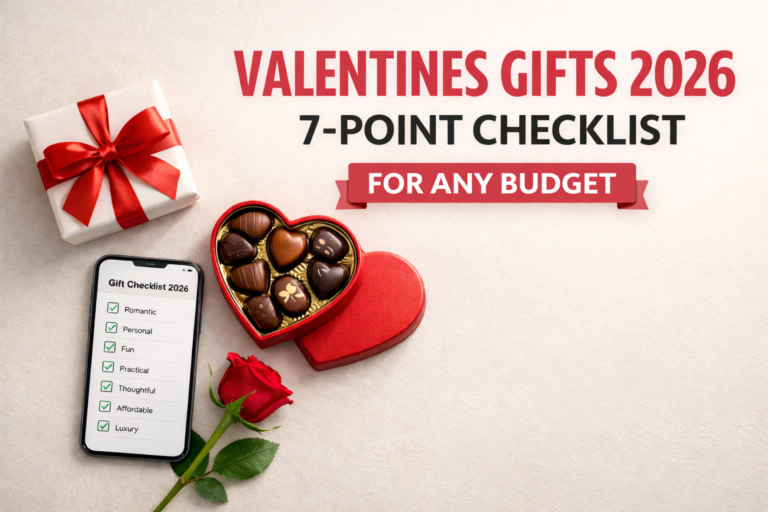 Flat-lay of valentines gifts with a wrapped present, heart chocolate box, rose, and phone gift checklist, with text “Valentines Gifts 2026 – 7-Point Checklist for Any Budget”.