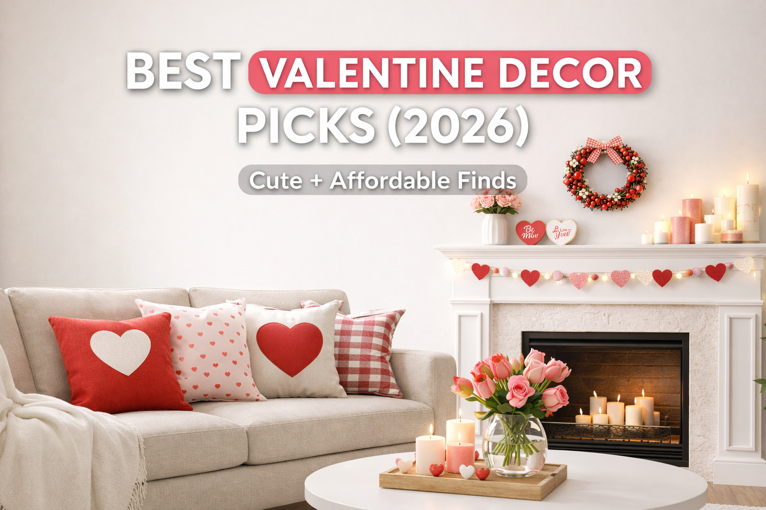 Cozy living room Valentine decor with heart pillows on a beige sofa, roses and candles on a coffee table, heart garland and wreath on a fireplace, plus overlay text “Best Valentine Decor Picks (2026)”.