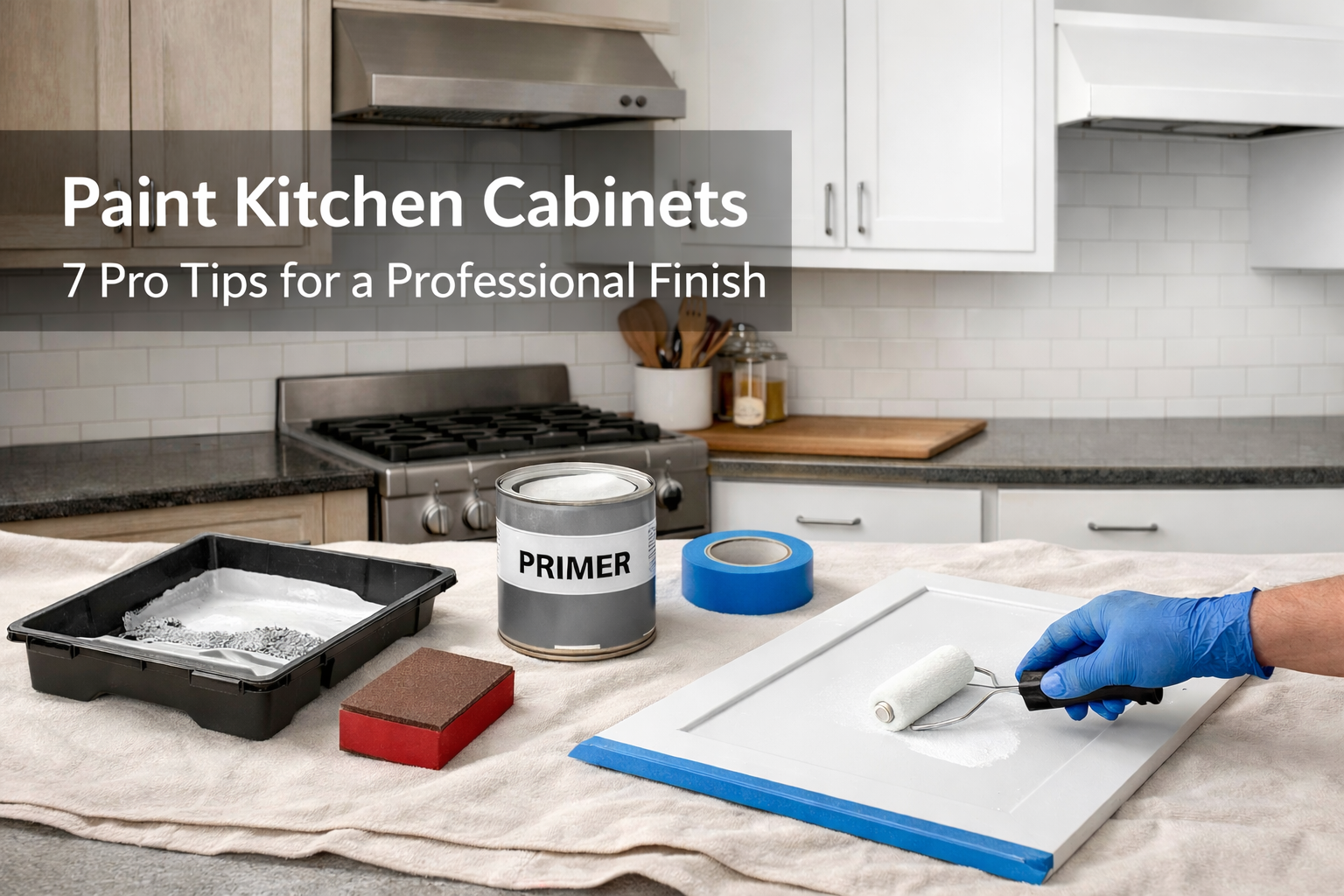 How to paint kitchen cabinets: primer, painter’s tape, sanding block, and a roller applying paint to a cabinet door