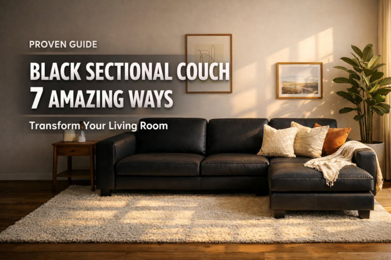 Black sectional couch in a modern living room with neutral pillows, cozy rug, and warm sunlight