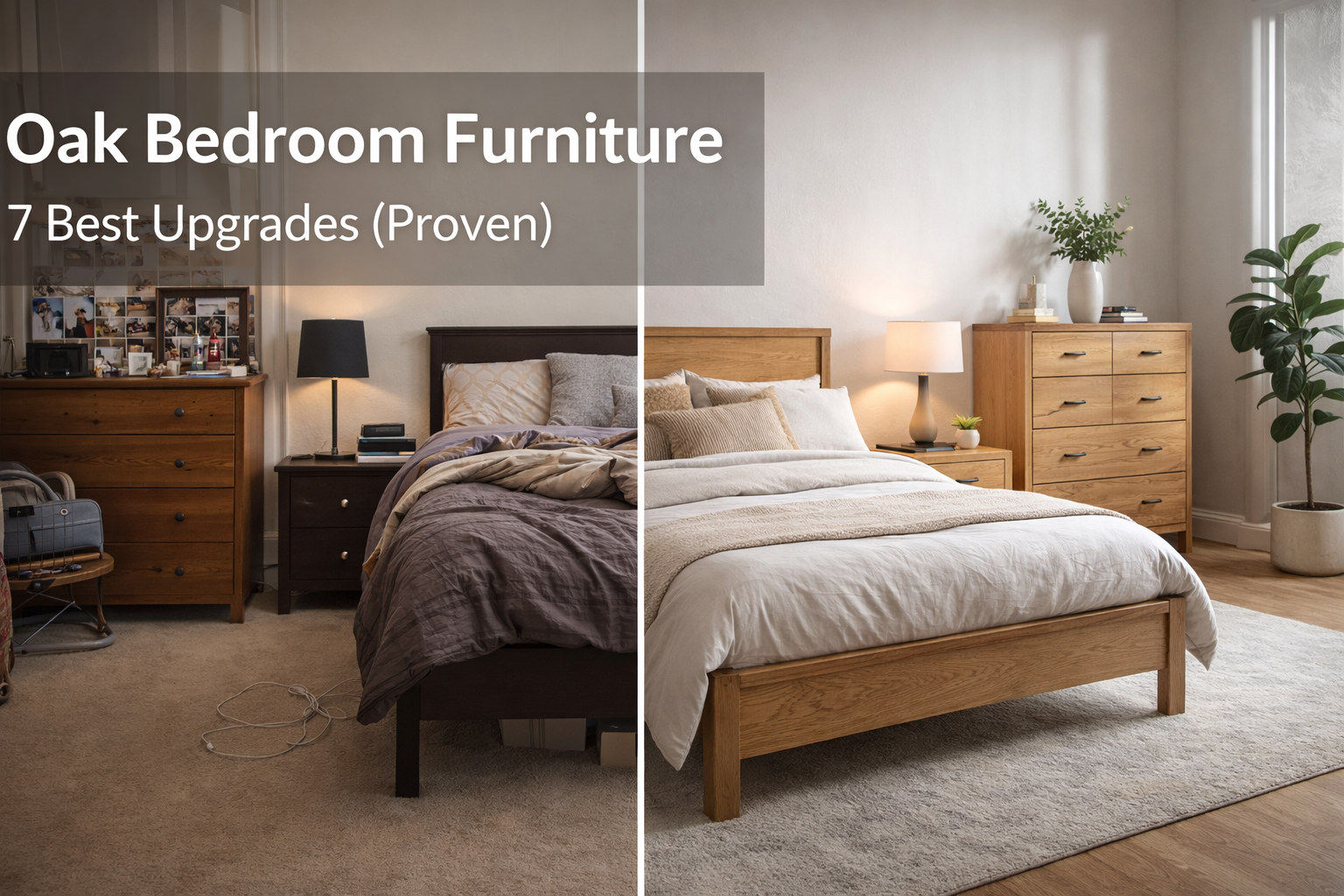Oak Bedroom Furniture: 7 Best Ways to Upgrade Your Bedroom (Proven Guide) 1 Oak bedroom furniture before and after bedroom upgrade with oak bed frame, oak dresser, and neutral bedding