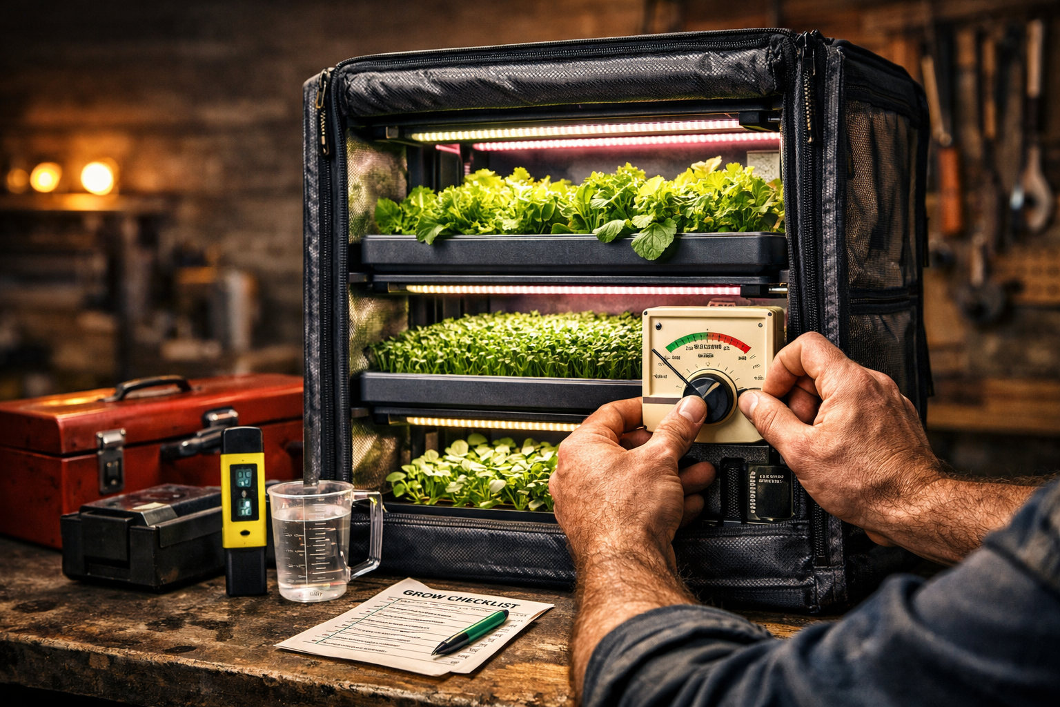 Work-worn male hands tune an analog nutrient meter on an indoor hydroponic system inside an AC Infinity grow tent, with trays of lush greens, a digital pH meter, measuring cup, toolbox, and a folded checklist on a workshop bench.