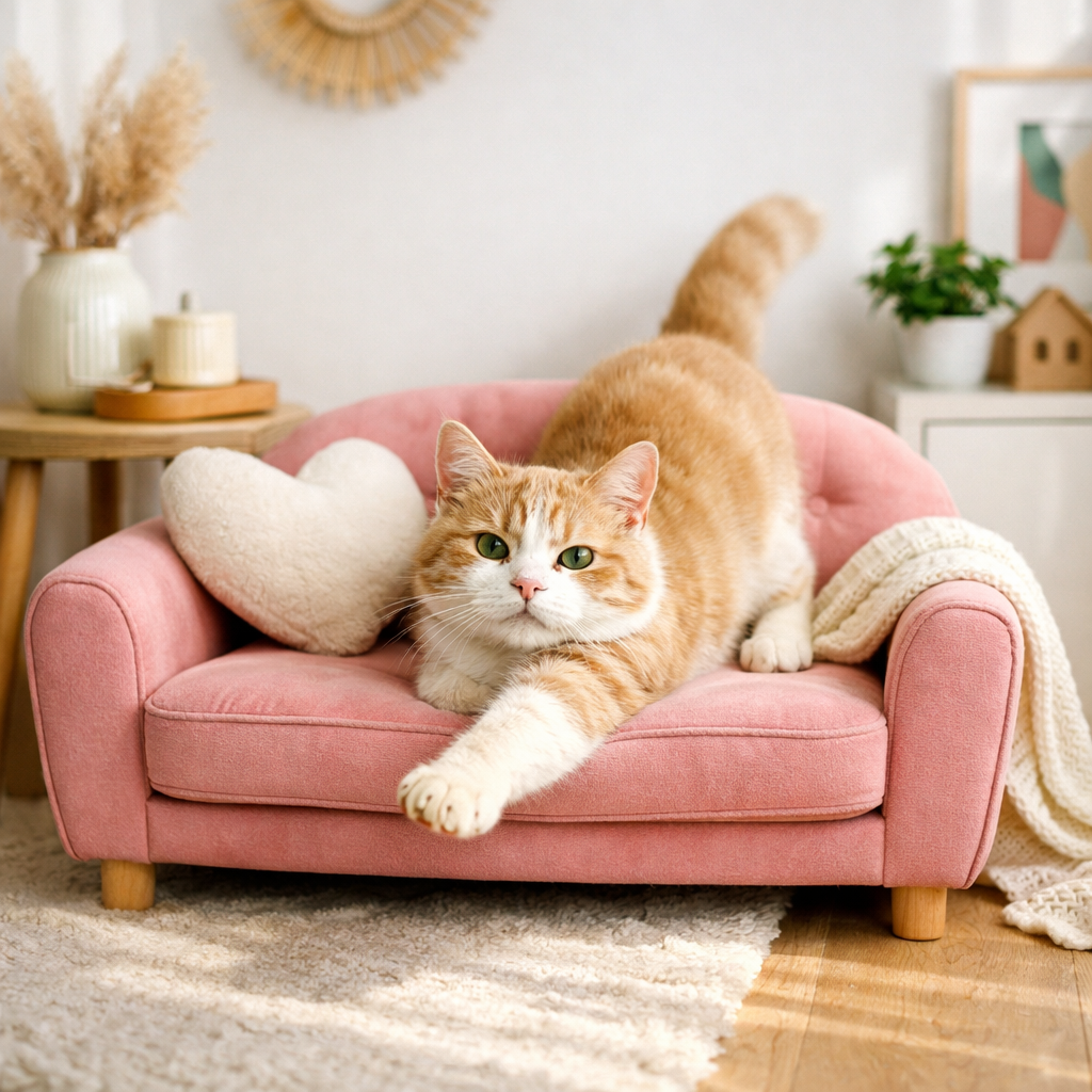 Cat Sofa: 7 Best Ways to Maximize Comfort (Proven Guide) 1 A tabby cat lounging on a plush, mini cat sofa in a cozy living room, showcasing a stylish pet furniture piece that complements the home décor.