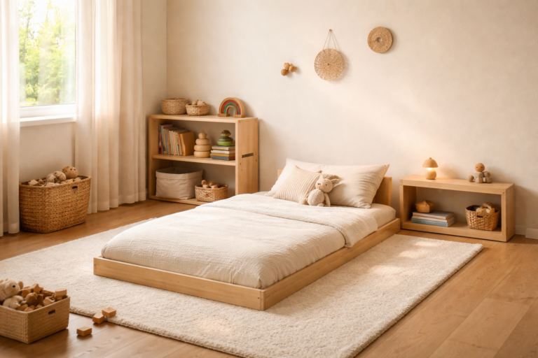 Montessori bed in a warm minimalist kids’ room with a low wooden toddler floor bed (vloerbed) and simple neutral bedding.