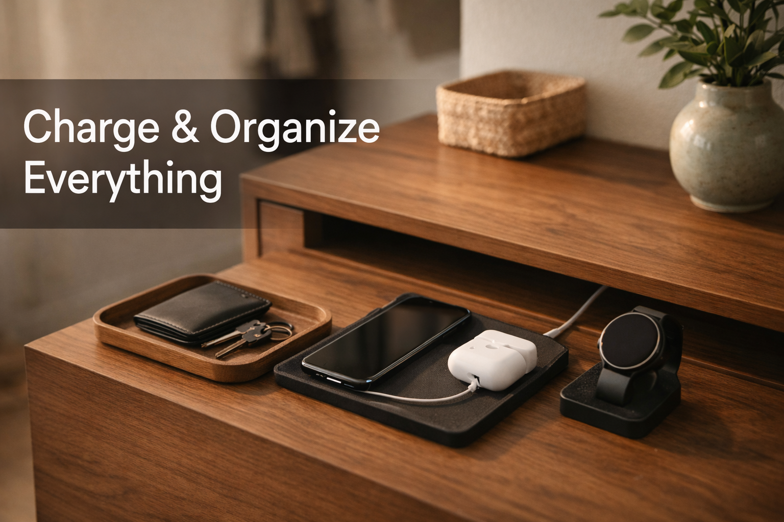 Entryway Cabinet: Amazing Ways to Organize Devices (Proven Guide) 1 Entryway cabinet with built-in charging: phone, earbuds and smartwatch neatly organized, overlay text “Charge & Organize Everything”.