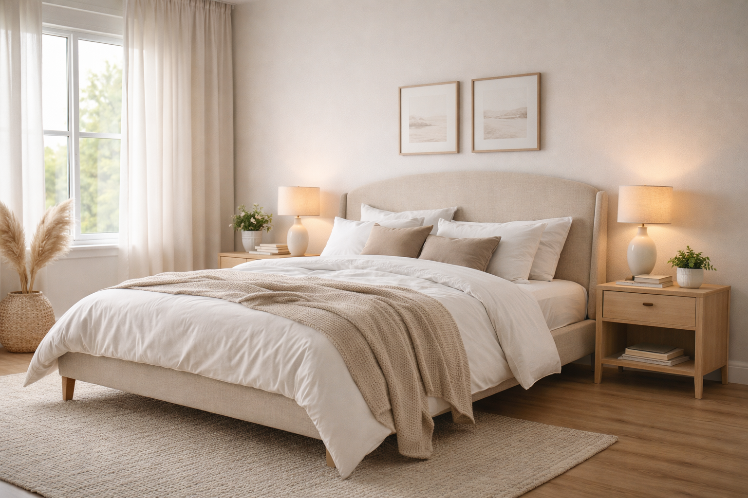 Bed Frame With Headboard: Best Ways to Upgrade Your Bedroom (Proven Guide) 1 Bed frame with headboard featuring a beige upholstered wingback bed frame, white bedding, and matching wooden nightstands in a bright, minimalist bedroom.