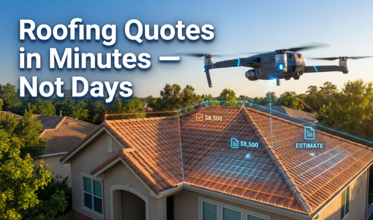 Roofing drone quotes generated by a drone scanning a residential roof with digital measurements and cost estimate overlays