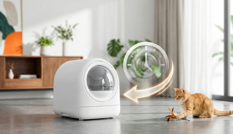 Litter Robot‑style automatic self‑cleaning litter box in a modern living room with a cat, shown with a clock icon to highlight time‑saving cleanup