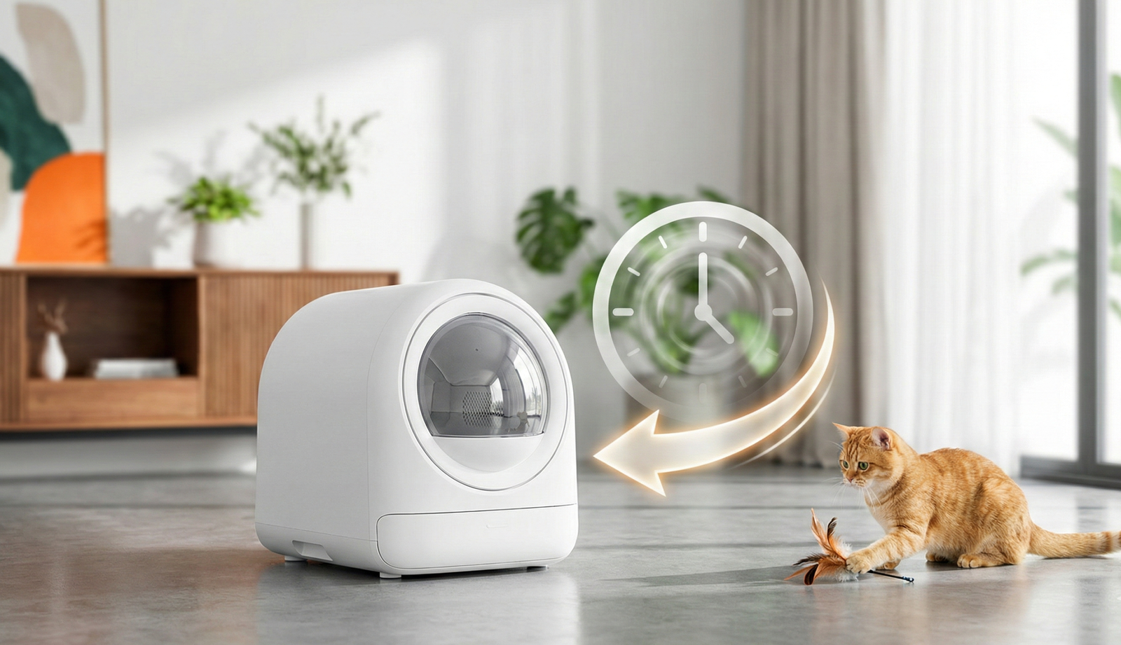 Litter Robot: 7 Amazing Ways to Reduce Scooping Time (Proven Guide) 1 Litter Robot‑style automatic self‑cleaning litter box in a modern living room with a cat, shown with a clock icon to highlight time‑saving cleanup