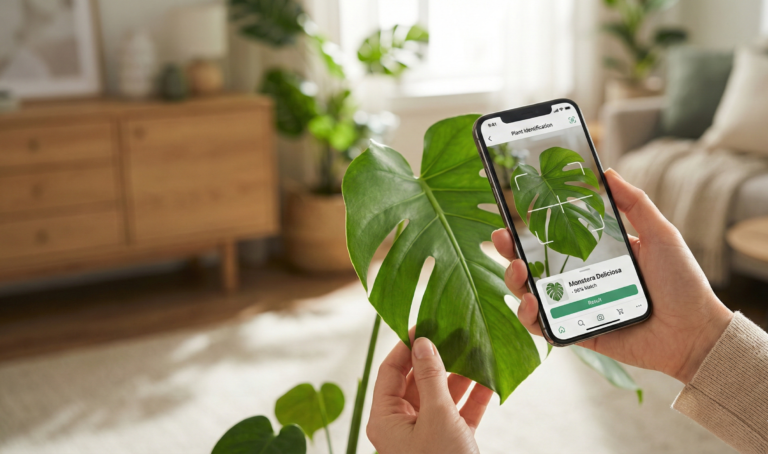 A person holds a monstera leaf while using a plant identification app on a smartphone to identify the plant with plant AI.