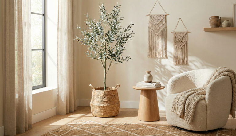 Fake olive tree in a woven basket planter by a sunlit window, styled with neutral decor—easy-care faux plant for home.