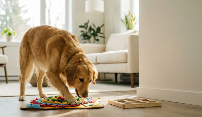 Golden retriever doing dog enrichment with a snuffle mat while a wooden dog puzzle toy sits nearby in a bright living room.