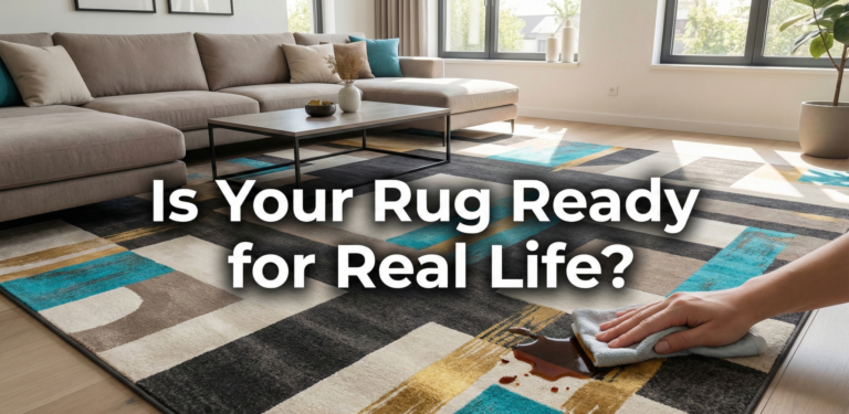 A person wiping a stain on a stylish washable rug in a modern living room. The rug features bold geometric patterns with teal, beige, and gray tones, highlighting its easy-to-clean feature.