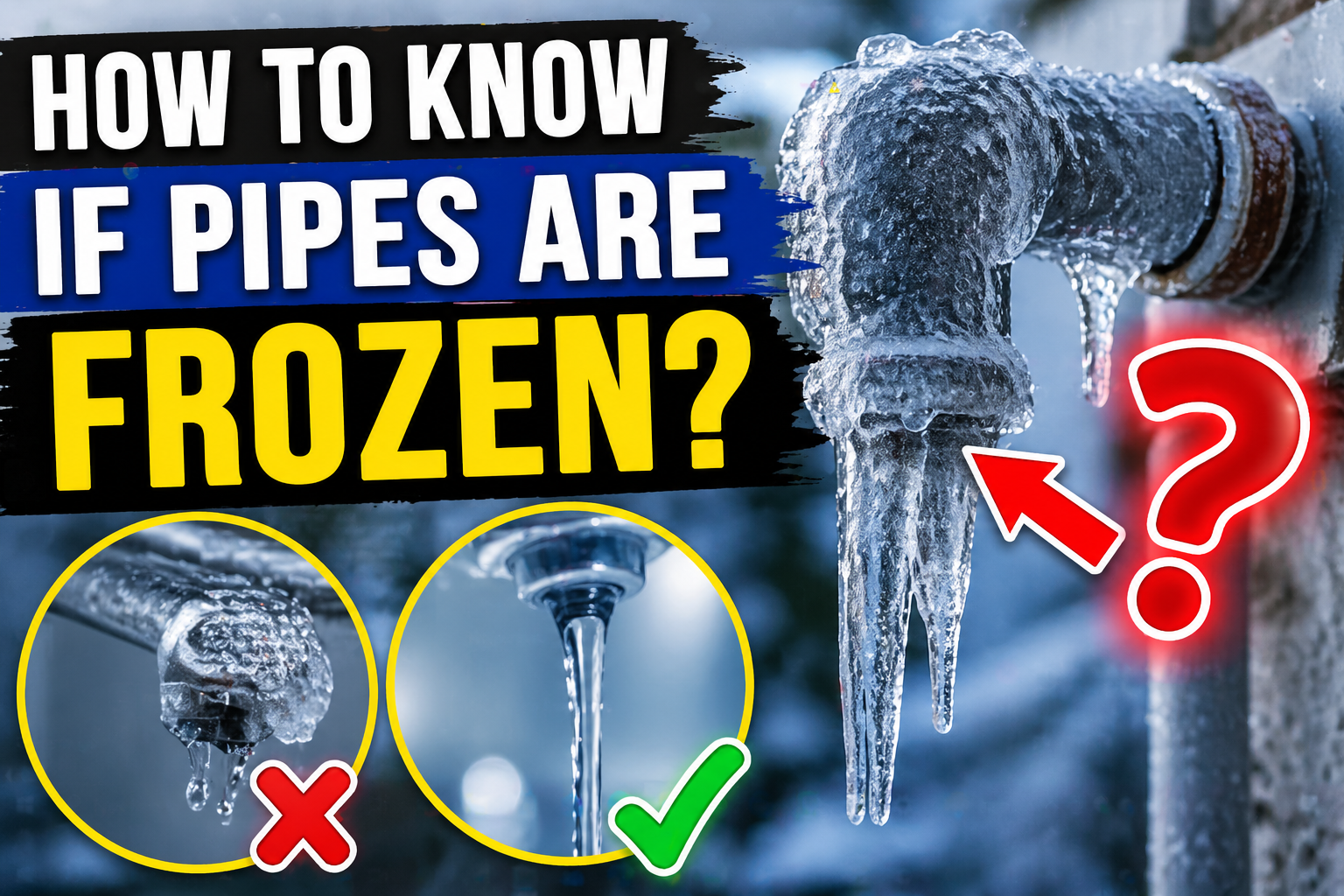 Frozen outdoor water pipe covered in ice with icicles, showing warning signs of frozen pipes during winter weather.