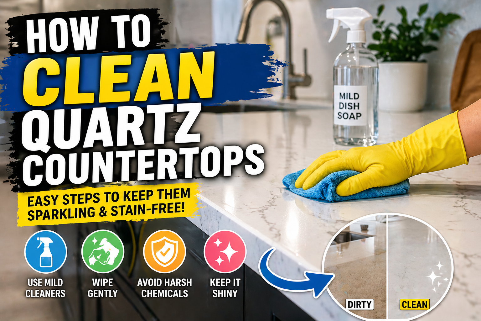 Person cleaning a white quartz countertop with a microfiber cloth and mild dish soap spray in a modern kitchen.