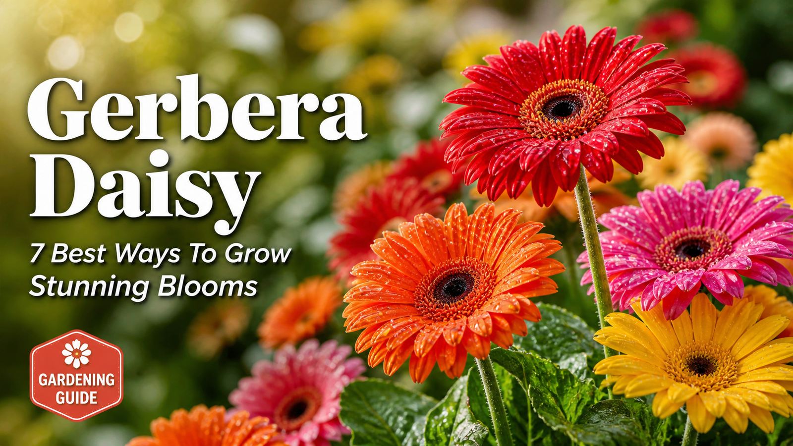 Vibrant Gerbera daisies in various colors with water droplets on the petals, featured in a gardening guide post