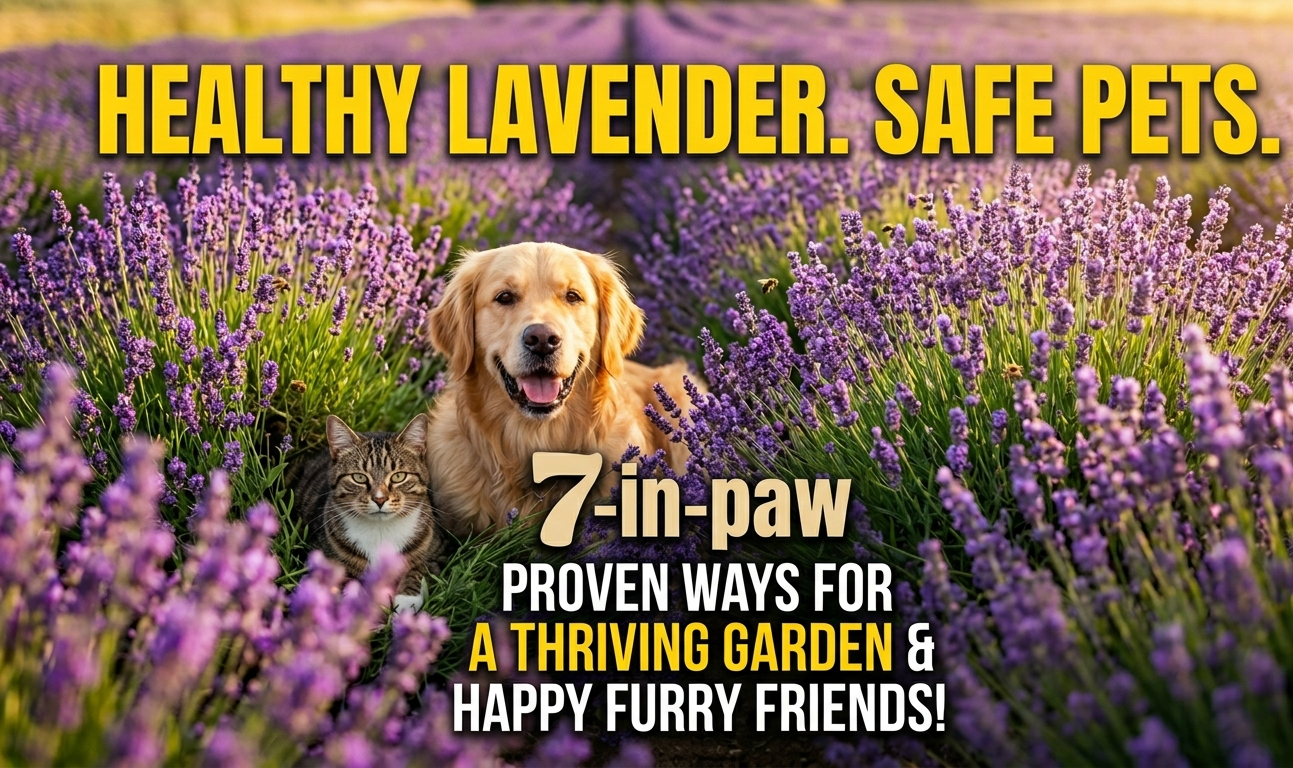 Lavender and lavender plants growing in a sunny home garden with a cat sitting safely nearby, illustrating how to grow lavender and keep pets safe