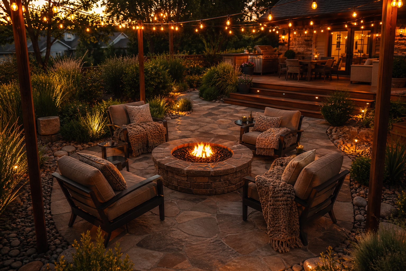 Backyard landscaping fire pit ideas featuring a circular stone fire pit surrounded by cushioned chairs, cozy knit blankets, string lights, and lush garden landscaping at golden hour