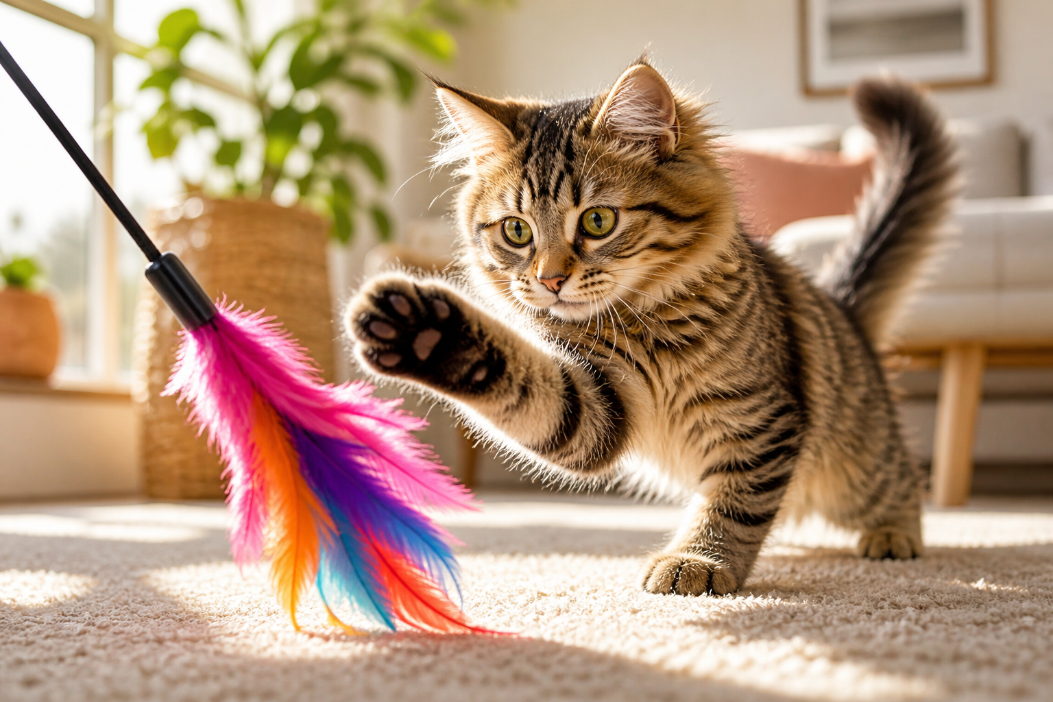Playful fluffy tabby cat swatting at a colorful feather wand toy in a cozy sunlit living room.