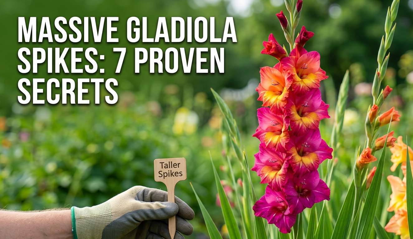 Gladiola flowers with tall colorful pink orange and yellow spikes blooming in a lush green garden with a gloved hand holding a wooden garden stake