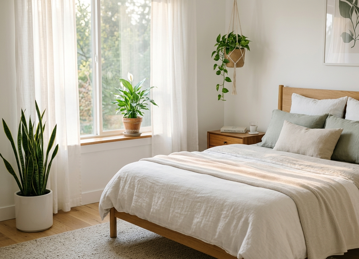 Best plants for bedroom air quality including snake plant in white pot, peace lily on windowsill, and hanging pothos in a cozy styled bedroom