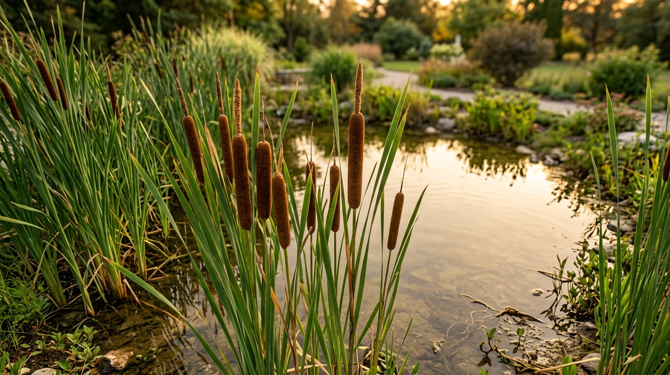 cat tail plant growing at backyard pond edge with brown seed spikes at golden hour