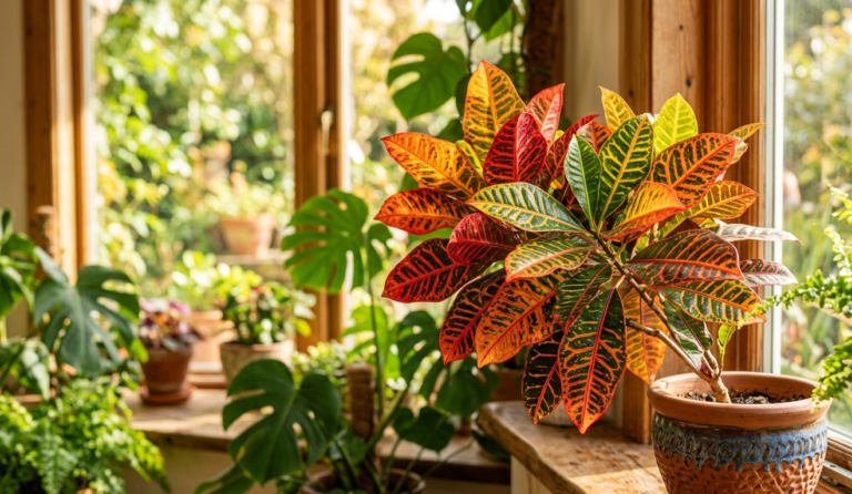 Vibrant croton plant with multicolored red orange and yellow leaves in a sunny indoor window