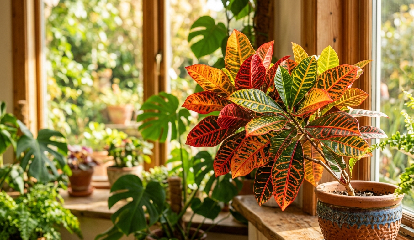 Vibrant croton plant with multicolored red orange and yellow leaves in a sunny indoor window