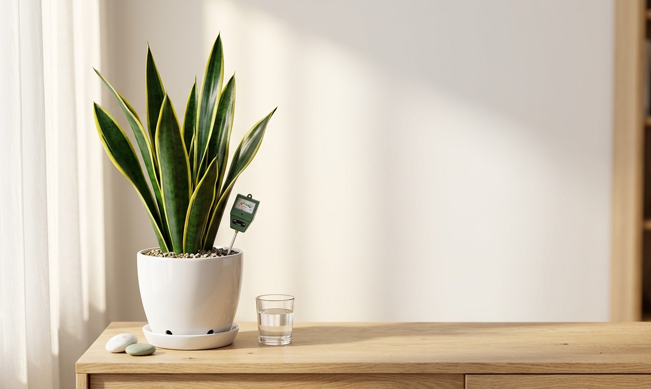 Healthy snake plant in white ceramic pot with moisture meter showing dry soil reading on wooden surface — snake plant care guide