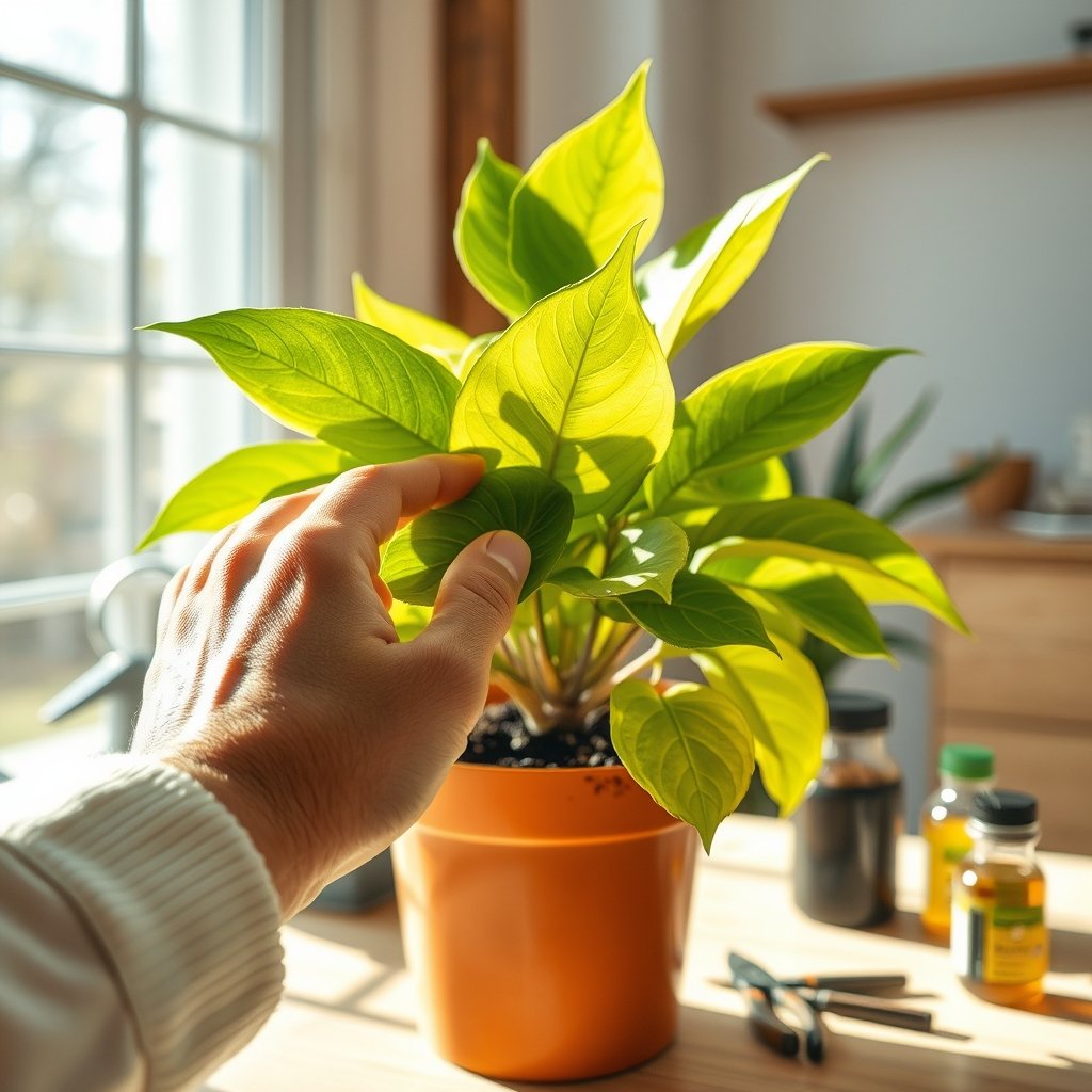 Overwatered pothos with soft yellow lower leaves showing signs of root rot