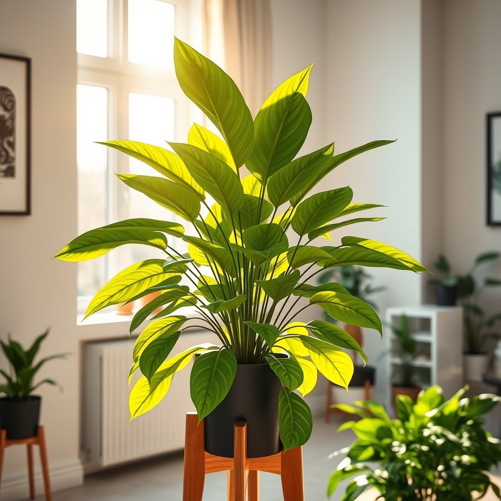 Compacted dry soil causing yellow leaves on an indoor tropical houseplant